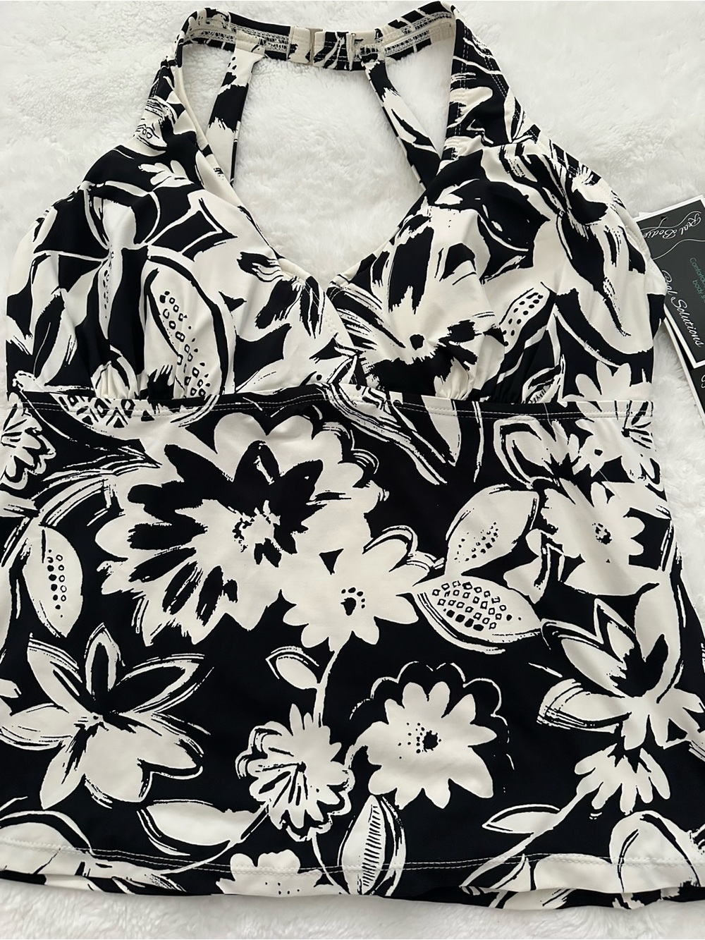 Island Escape Black & White Floral Halter Swim Top